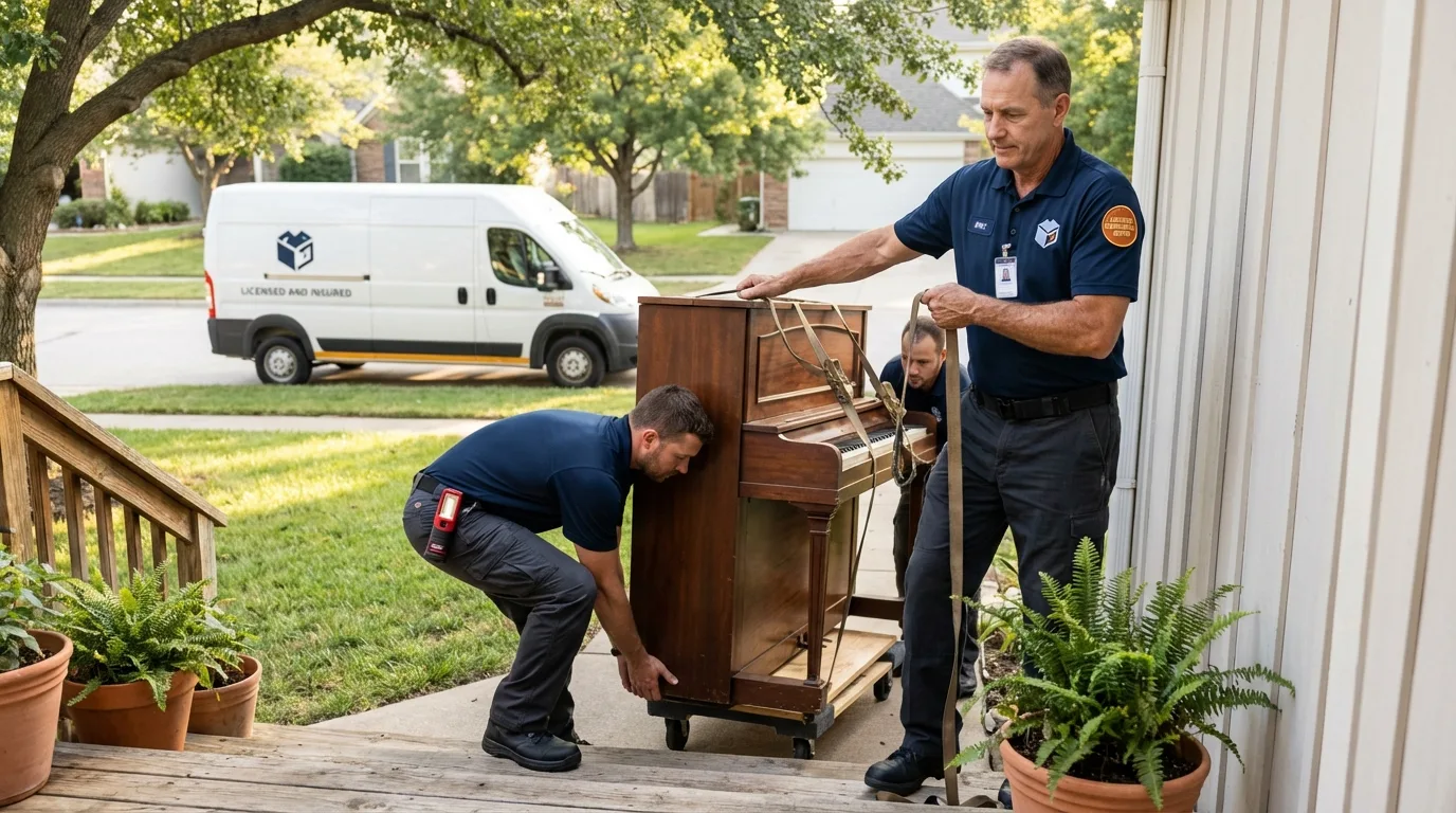 Licensed piano movers securing grand piano in Laurel Hill, NC