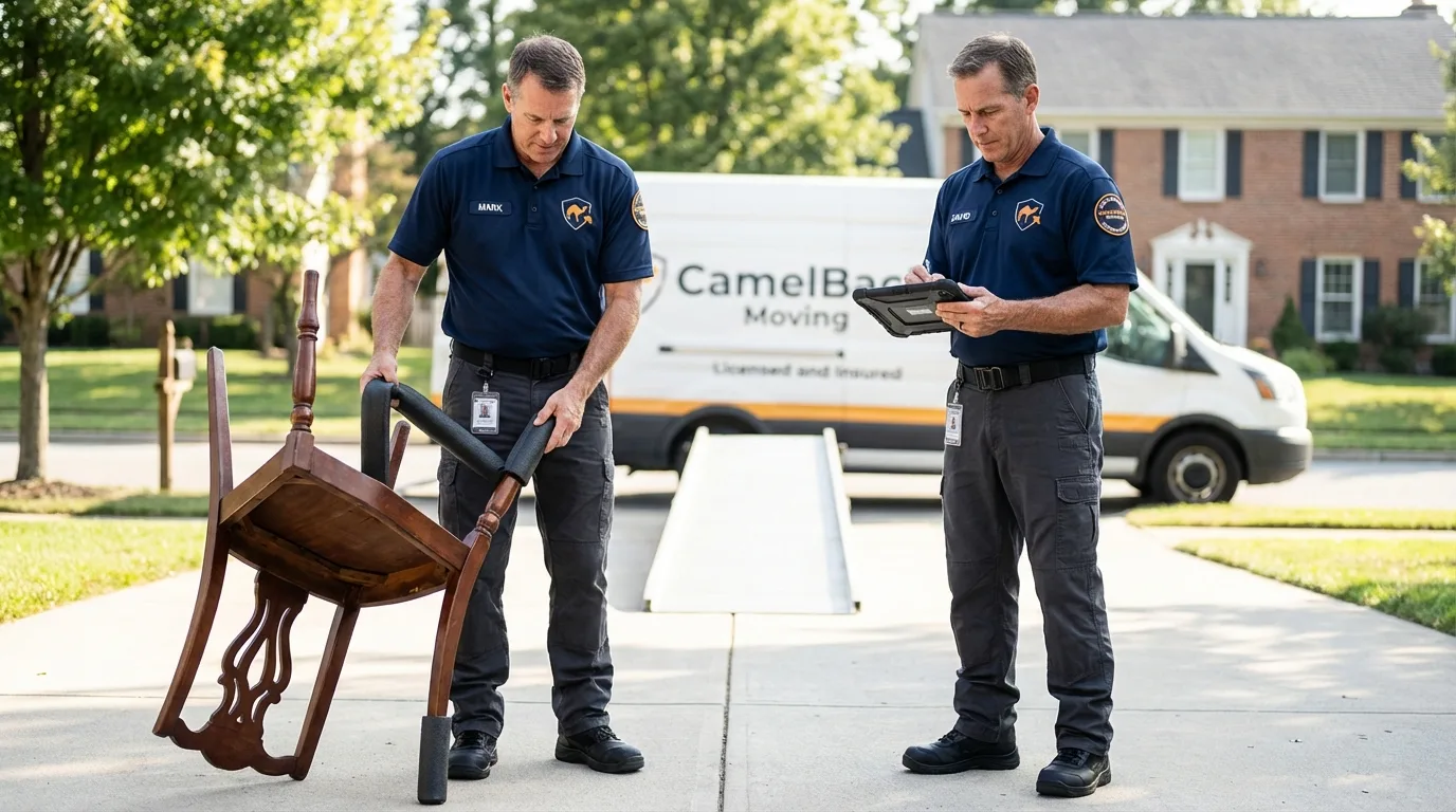 Movers inspecting furniture for damage prevention before loading in Laurel Hill, NC
