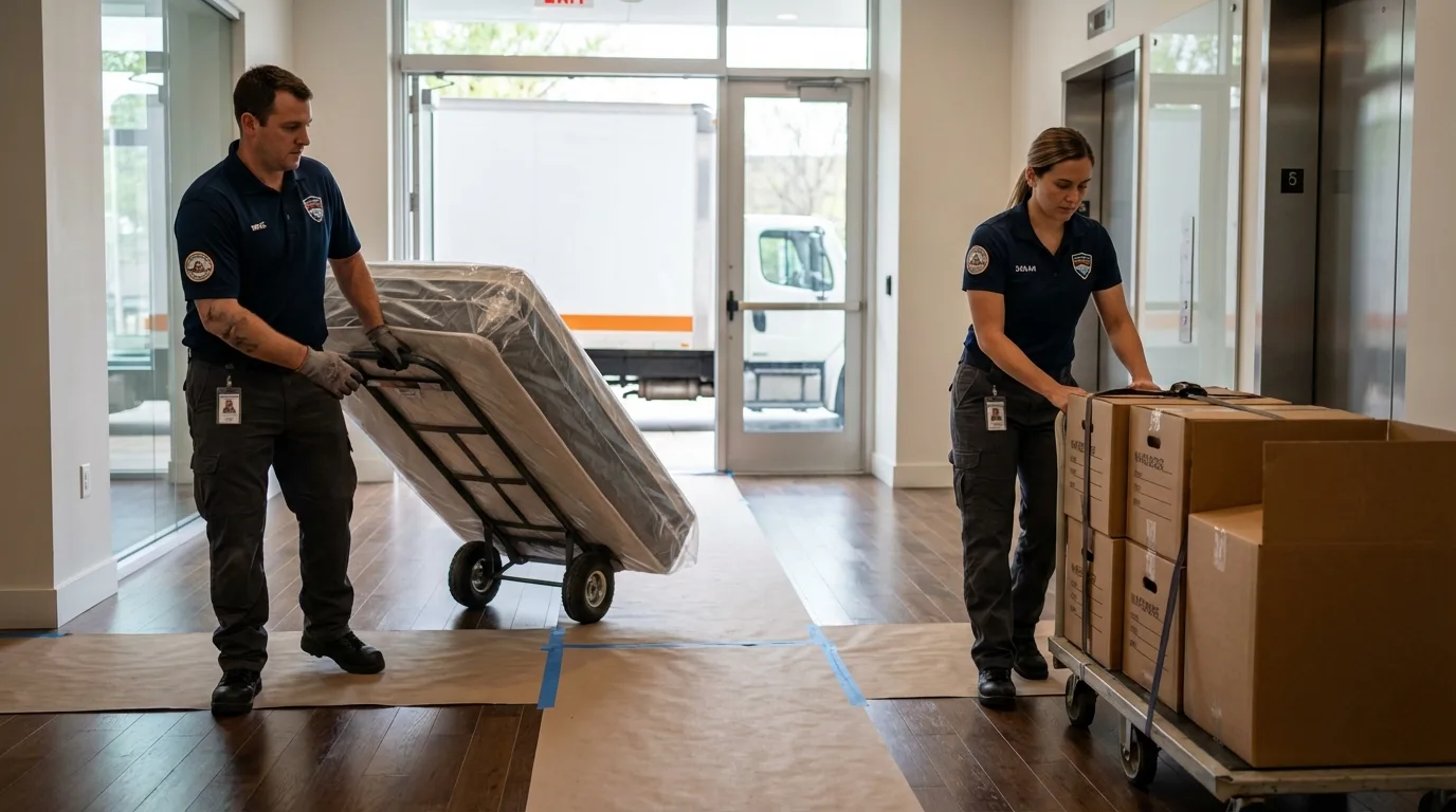 Professional apartment movers loading elevator in Laurel Hill, NC