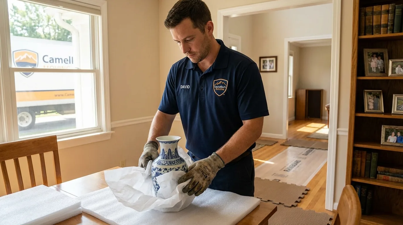 Professional crew carefully wrapping antique vase for senior downsizing move in Laurel Hill, NC
